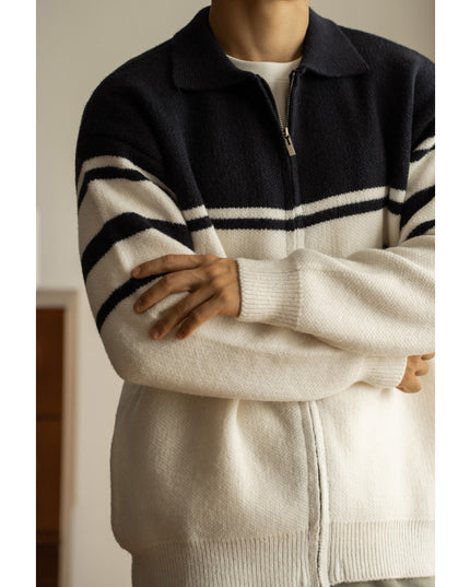 Young Contrast Color Striped Lapel Sweater Men's Casual Zipper
