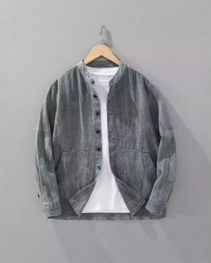 Men's Solid Color Ramie Stand Collar Retro Casual Coat Shirt
