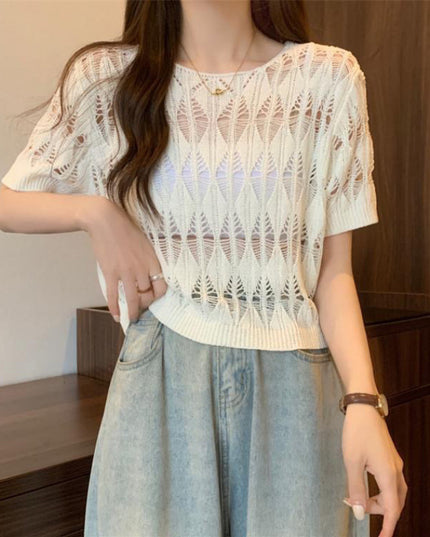 Hollow-out Ice Silk Sweater Short Sun-drying Shirt Top Short Sleeve