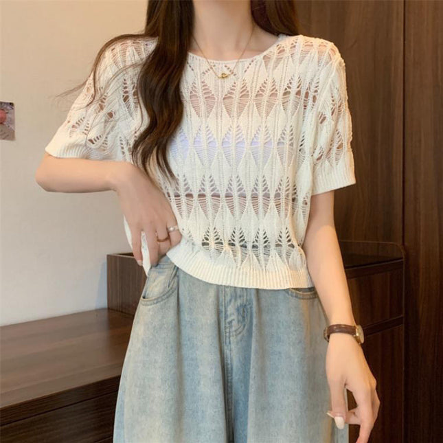 Hollow-out Ice Silk Sweater Short Sun-drying Shirt Top Short Sleeve