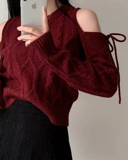 Round Neck Hollow Out Shoulder-baring Lace-up Loose All-match Long-sleeved Sweater Sweater