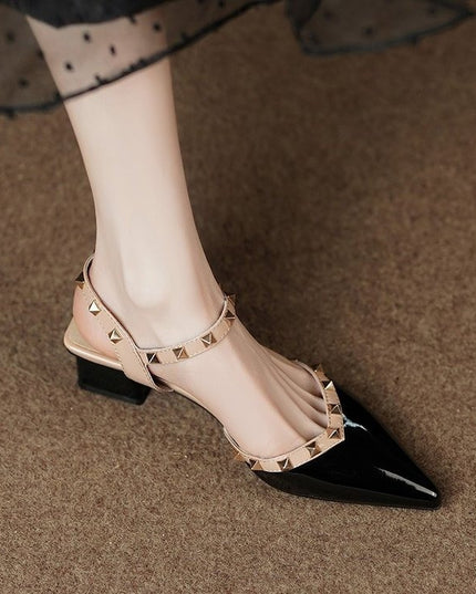 Fashion Pointed Rivets Middle Heel Back Empty Shoes