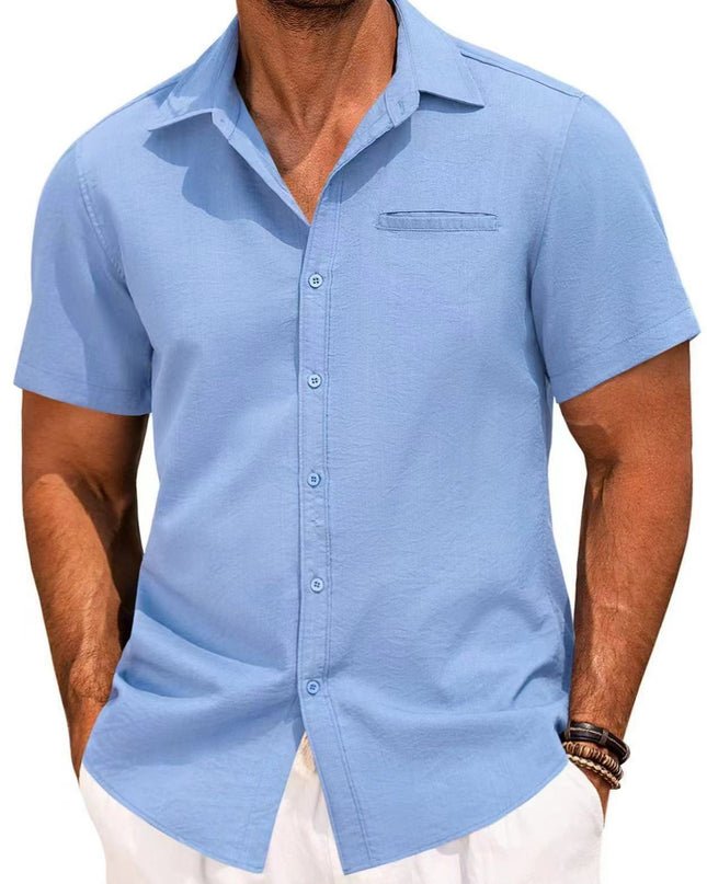 Polo Collar Solid Color Short Sleeve Button Shirt