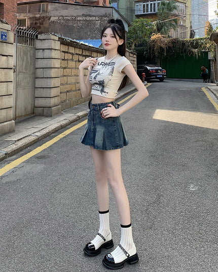 Denim Pleated For Women Summer High Waist Anti-exposure Skirt