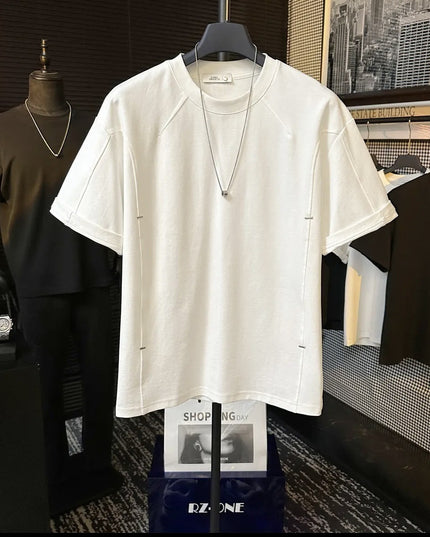 High-end Stitching Rivet Design Round Neck Short Sleeve