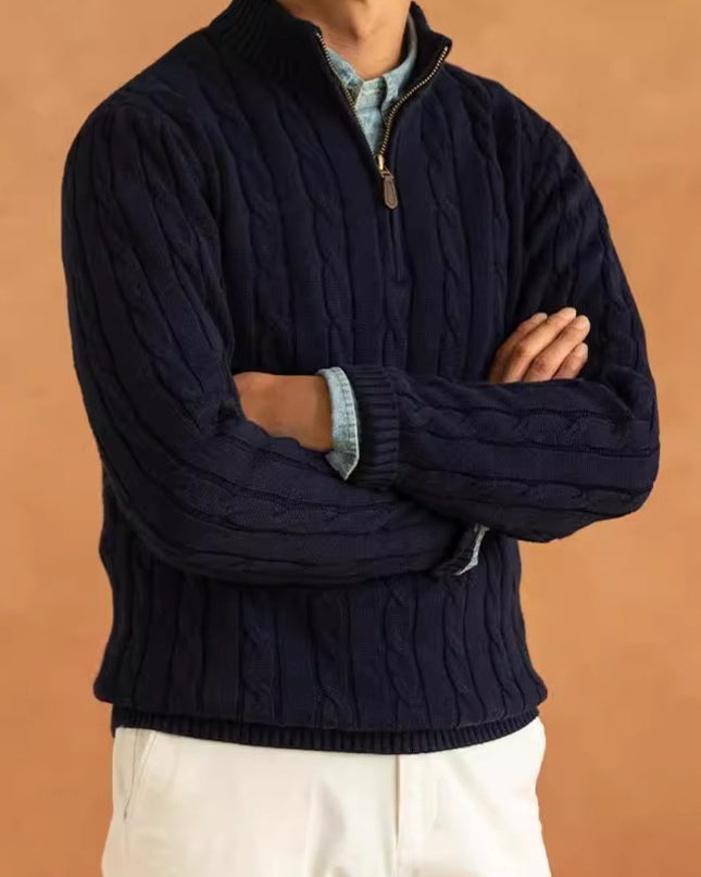Long Sleeve Pullover Half Zipper Twisted Casual Solid Color Men's Sweater