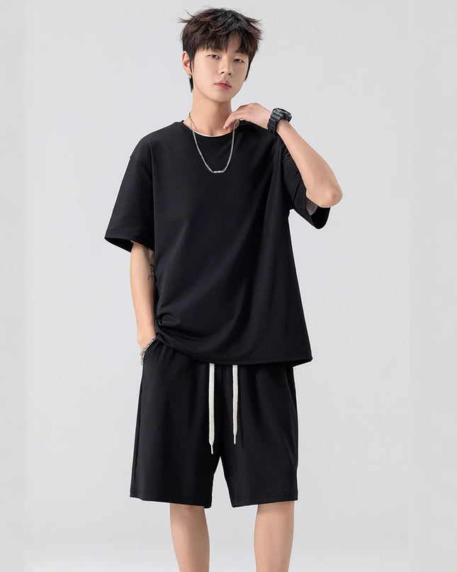 Men's Ice Silk T-shirt Fifth Pants Suit Solid Color