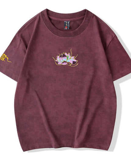 Heavy Embroidery Tie-dyed Washed Lotus Embroidery Short Sleeve
