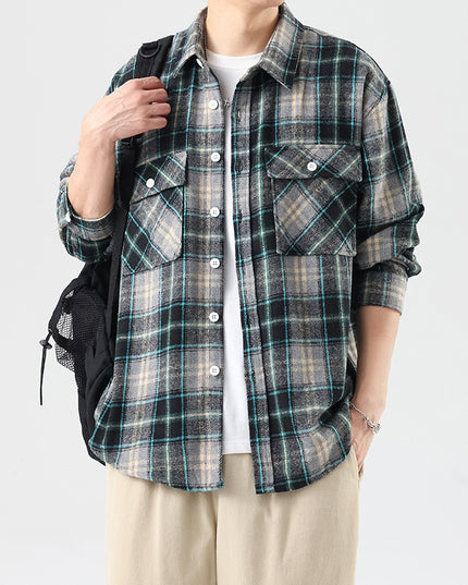 Brushed Plaid Long Sleeve Shirt Men