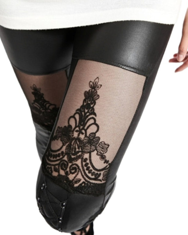 Jacquard Lace Stitching Casual Women's Base Leather Pants