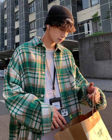 Early Autumn Long Sleeves Woolen Plaid Shirt For Men
