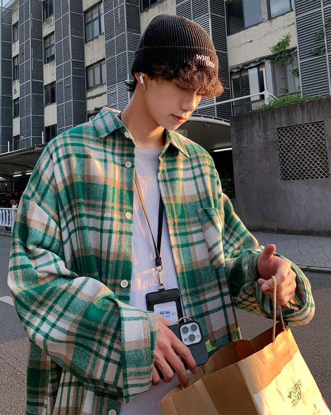 Early Autumn Long Sleeves Woolen Plaid Shirt For Men