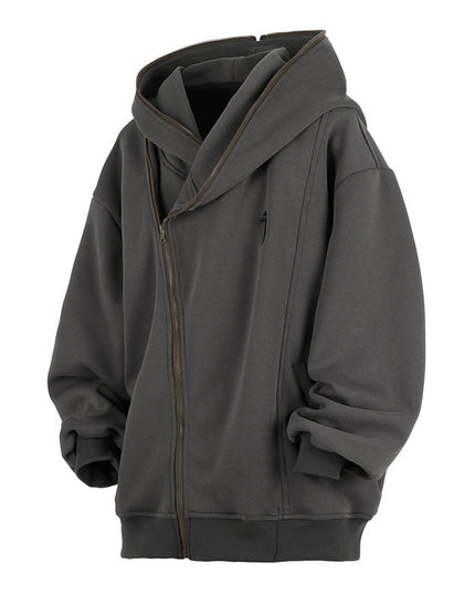 Oblique Zipper Hooded Cardigan Sweater Baggy Coat