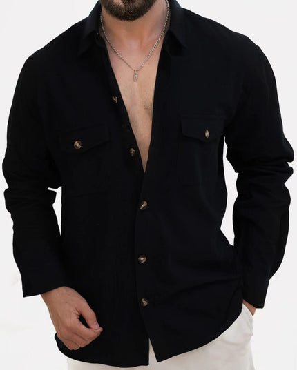 Casual Loose V-neck Solid Color Top Button Chest Pocket Shirt