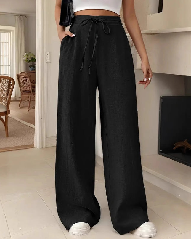 European And American Women's Clothing Casual Wide Leg Lace-up Pocket Casual Pants