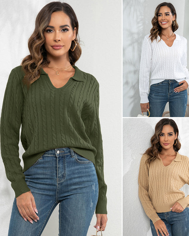 Women's Pullover Loose-fitting Long Sleeves Lapel Twist Sweater