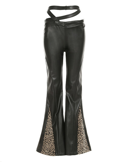 Lace Stitching Leather Bell-bottom Pants
