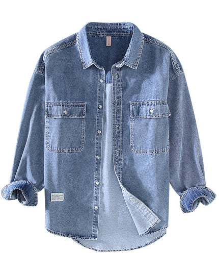 Japanese-style Retro Rewash Double Bag Men's Long Sleeve Light Color Denim Shirt