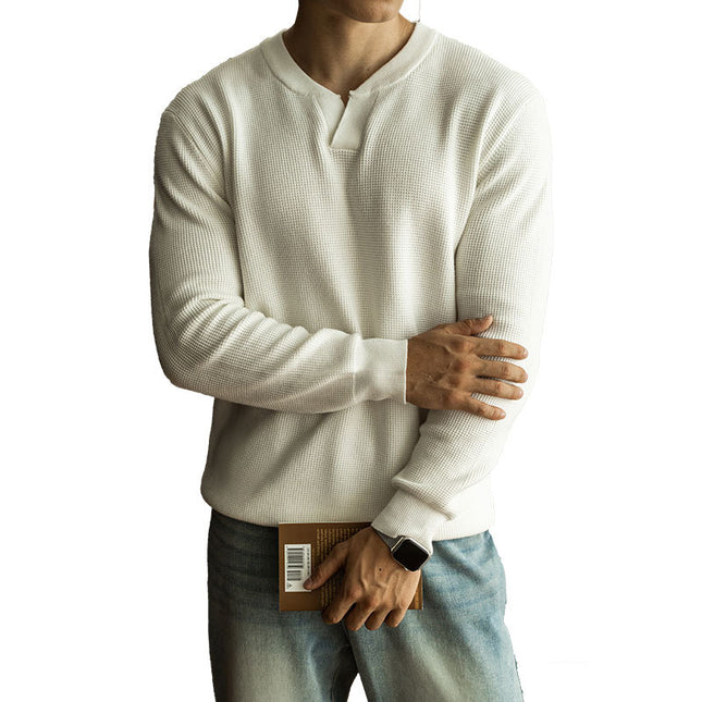 Men's Winter And Autumn Casual V-neck Long Sleeve Sweater Henley Shirt Top