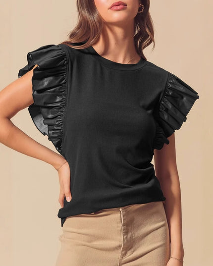 Pullover Women's Mesh Stitching Ruffle Cotton Short Sleeve Solid Color T-shirt