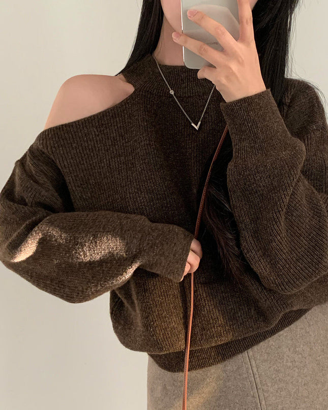 Retro Crew Neck Hollow Out Shoulder-baring Loose Sweater