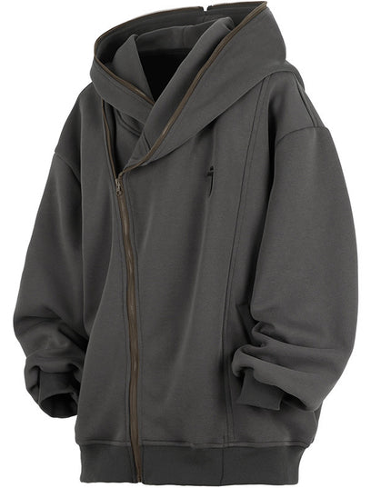 Oblique Zipper Hooded Cardigan Sweater Baggy Coat