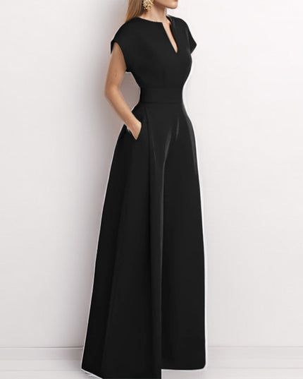 Women's Elegant Solid Color And V-neck Sleeveless Waist Wide-leg Jumpsuit