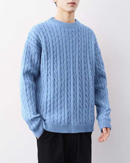 Men's Thick Solid Color Loose Round Neck Twisted Twisted Sweater
