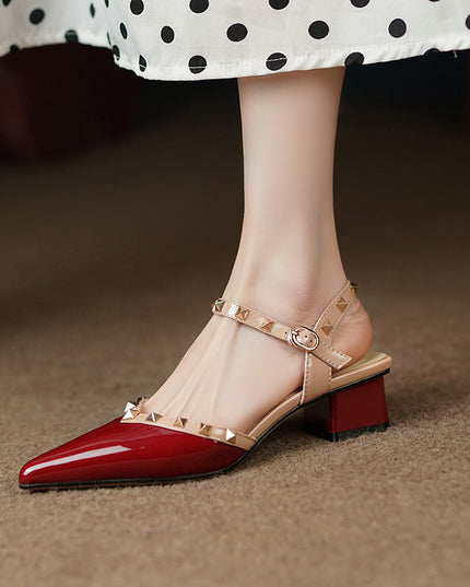 Fashion Pointed Rivets Middle Heel Back Empty Shoes