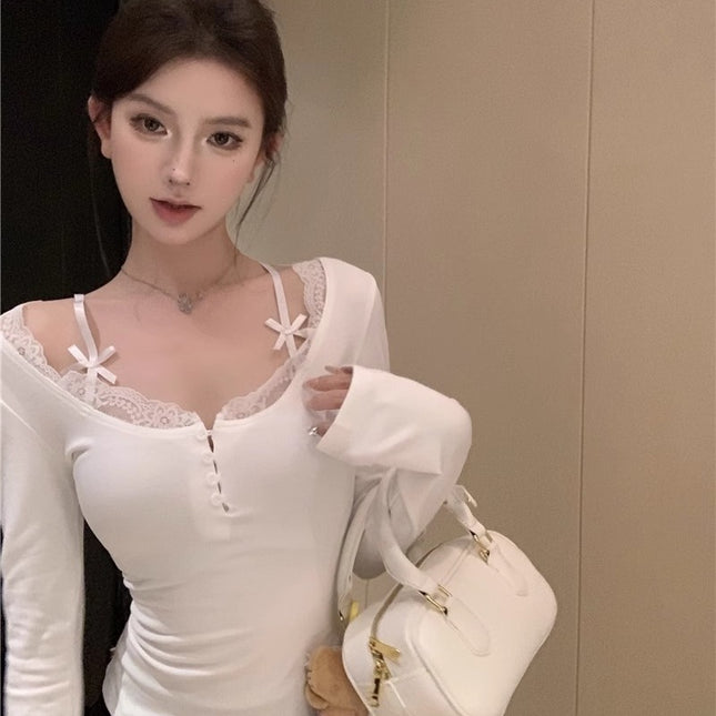 Pure Desire Style Lace Strap Fake Two-piece Dralon Bottoming Shirt For Women