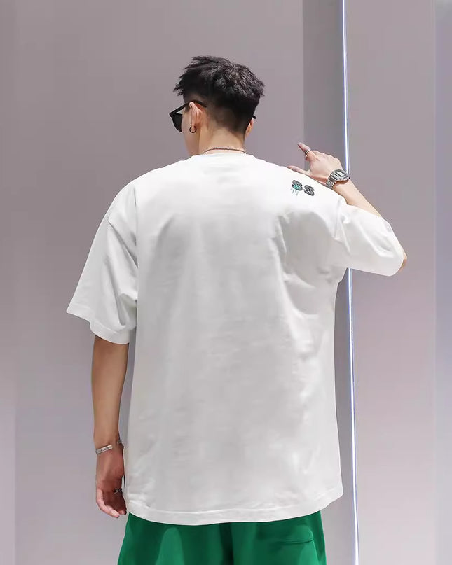 Men's Cotton Embroidery Simple Loose Leisure Pullover Short Sleeve Ins