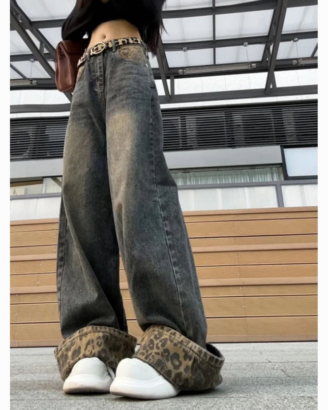 Women's Retro Patchwork Leopard-print Curling Jeans