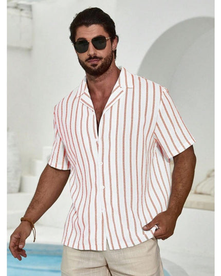 Geometric Contrast Color Striped 3D Digital Printing Short Sleeve Shirt