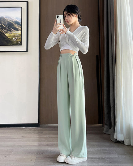 New Chinese Style Buckle High Waist Casual National Style Special-interest Design Elastic Waist Wide Leg Pants