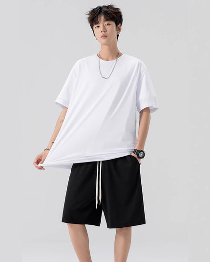 Men's Ice Silk T-shirt Fifth Pants Suit Solid Color