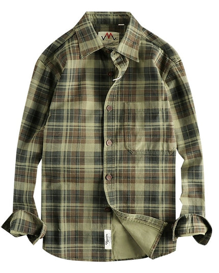 Thick Texture Washed Fashionable Plaid Long-sleeved Shirt For Men