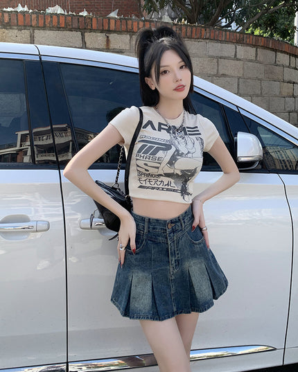 Denim Pleated For Women Summer High Waist Anti-exposure Skirt