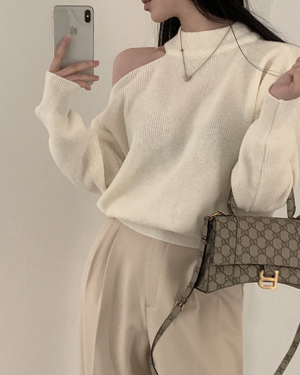 Retro Crew Neck Hollow Out Shoulder-baring Loose Sweater