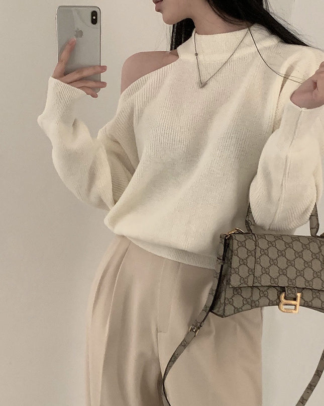 Retro Crew Neck Hollow Out Shoulder-baring Loose Sweater