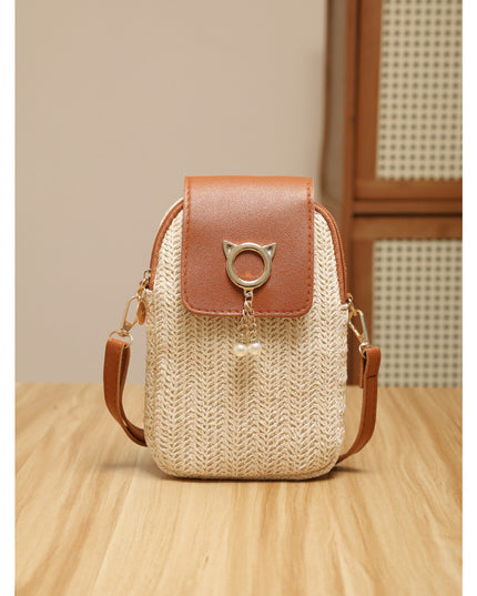 Trendy Straw Mobile Phone Pearl Tassel Bag