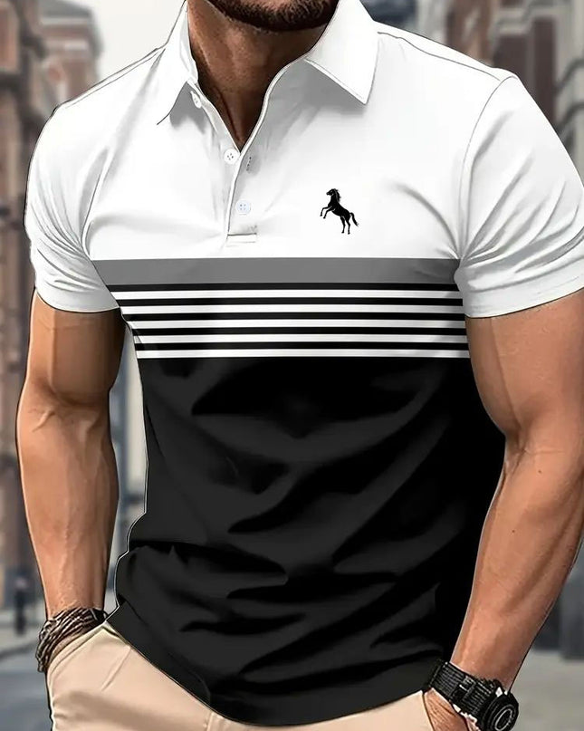 Men's Casual Striped Color Block Design Sports Style Collar Golf Shirt