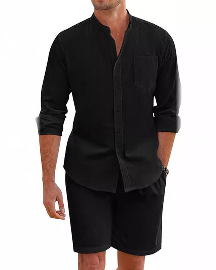 Men's Summer Two-piece Polyester Button Shirt Long Sleeve Shorts