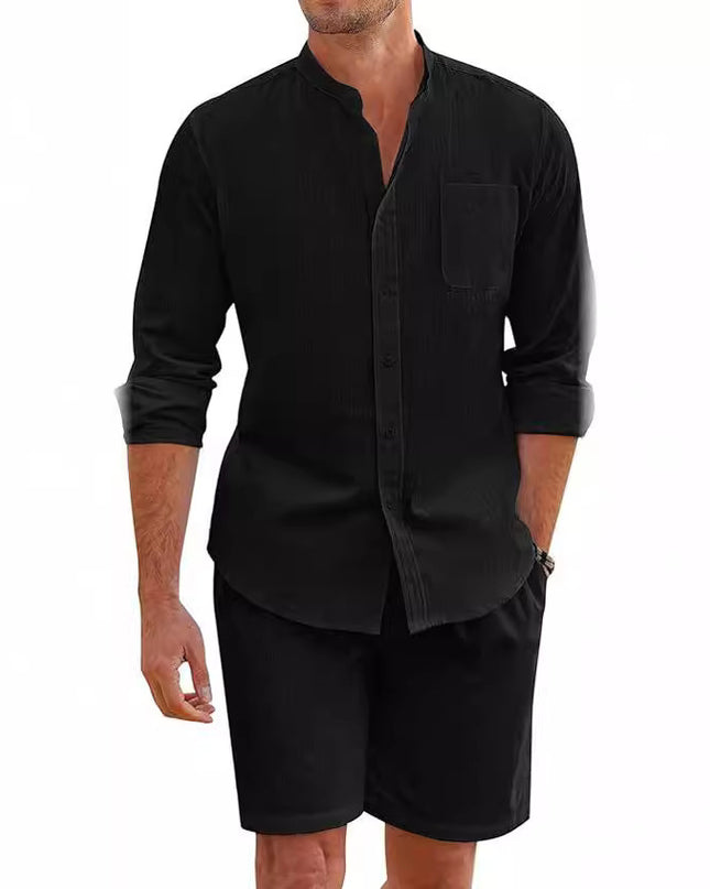 Men's Summer Two-piece Polyester Button Shirt Long Sleeve Shorts