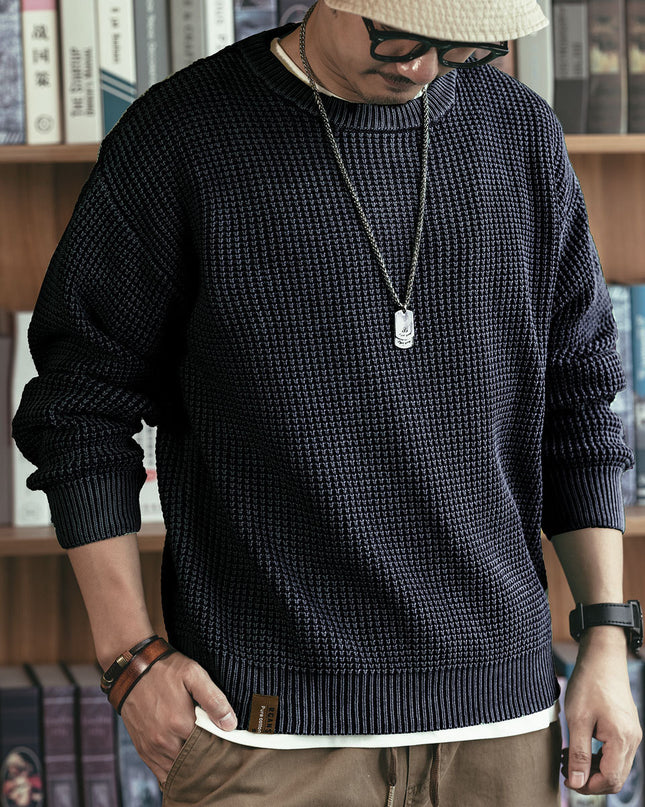 Pineapple Pattern Waffle Thick Needle Washed Round Neck Sweater