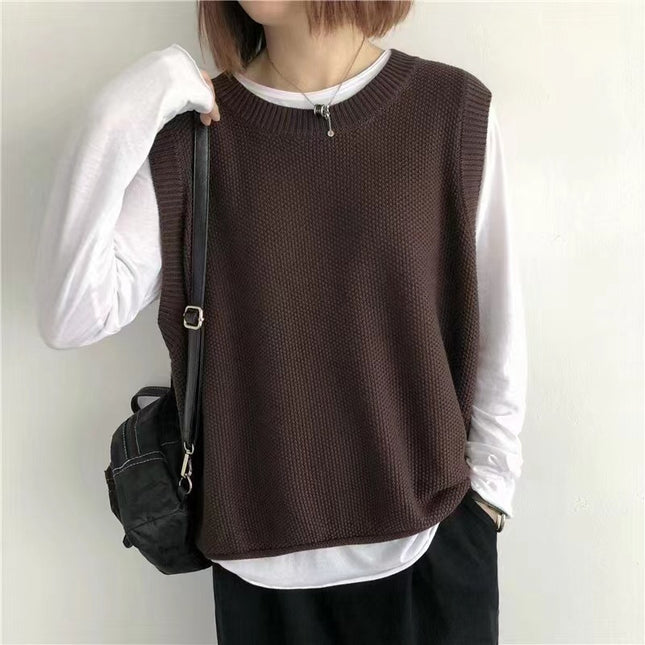 Women Sleeveless Vest Bandage Dress Outer Wear Solid Color Round Neck Vest