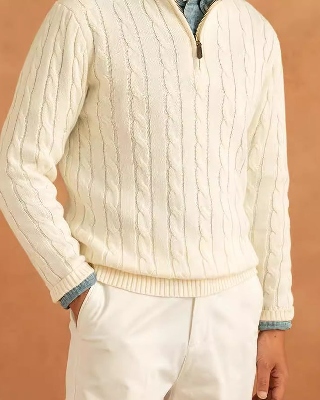 Long Sleeve Pullover Half Zipper Twisted Casual Solid Color Men's Sweater