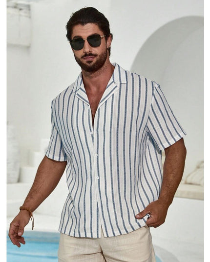 Geometric Contrast Color Striped 3D Digital Printing Short Sleeve Shirt
