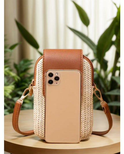 Trendy Straw Mobile Phone Pearl Tassel Bag