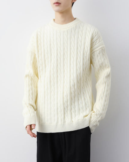 Men's Thick Solid Color Loose Round Neck Twisted Twisted Sweater