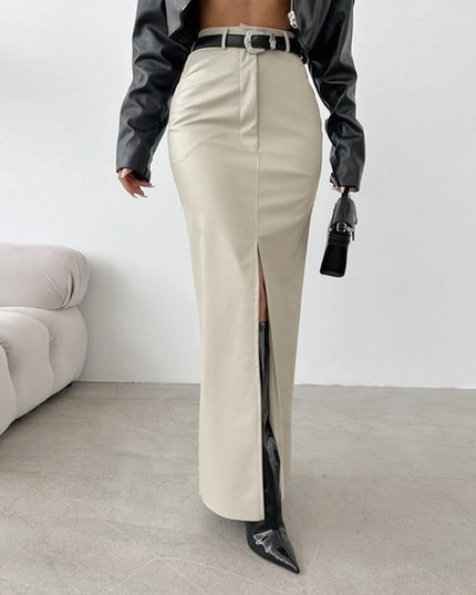Leather Design Split Solid Color High Waist Simple Skirt